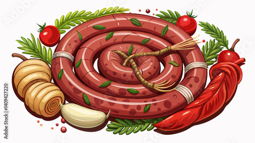 
Realistic uncooked homemade sausages, coiled and lightly marbled, arranged on a clean white background. Surrounded by fresh aromatic herbs like rosemary, thyme, and parsley, with vibrant red hot chil