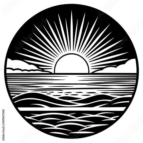 Black and white sunrise over ocean vector illustration for beach-themed branding and designs