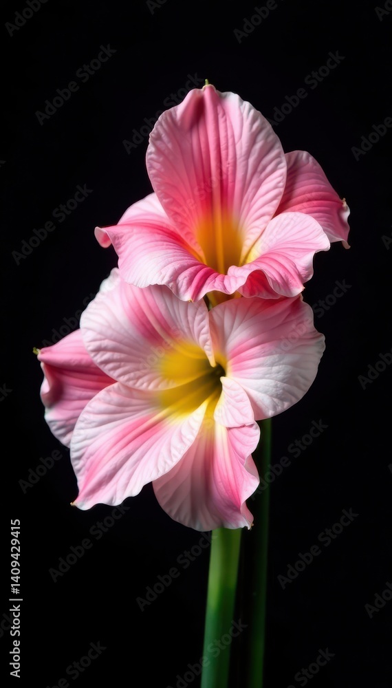 Fototapeta premium Delicate gladiolus flower petals, pink, white, yellow hues, black backdrop , white, botanical, studio shot