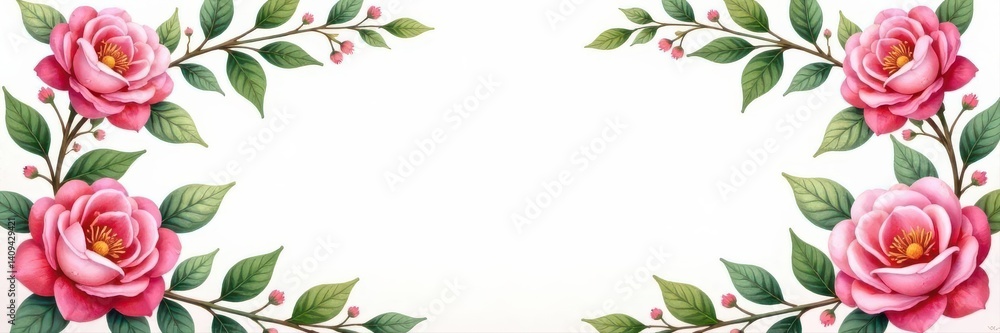 Fototapeta premium Delicate watercolor roses & leaves form ornate frame , blossom, art