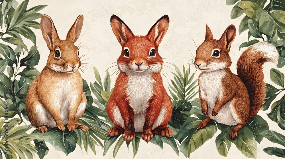 Fototapeta premium Curious rabbits in a lush woodland setting