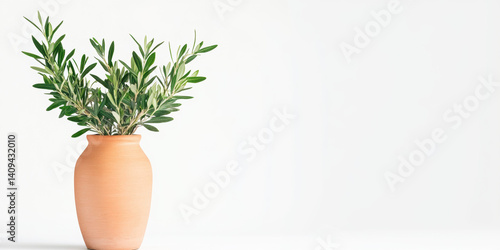 Vintage vase, A Mediterranean clay vase adorned with olive branches, showcasing high fidelity and detail in a stunning image.