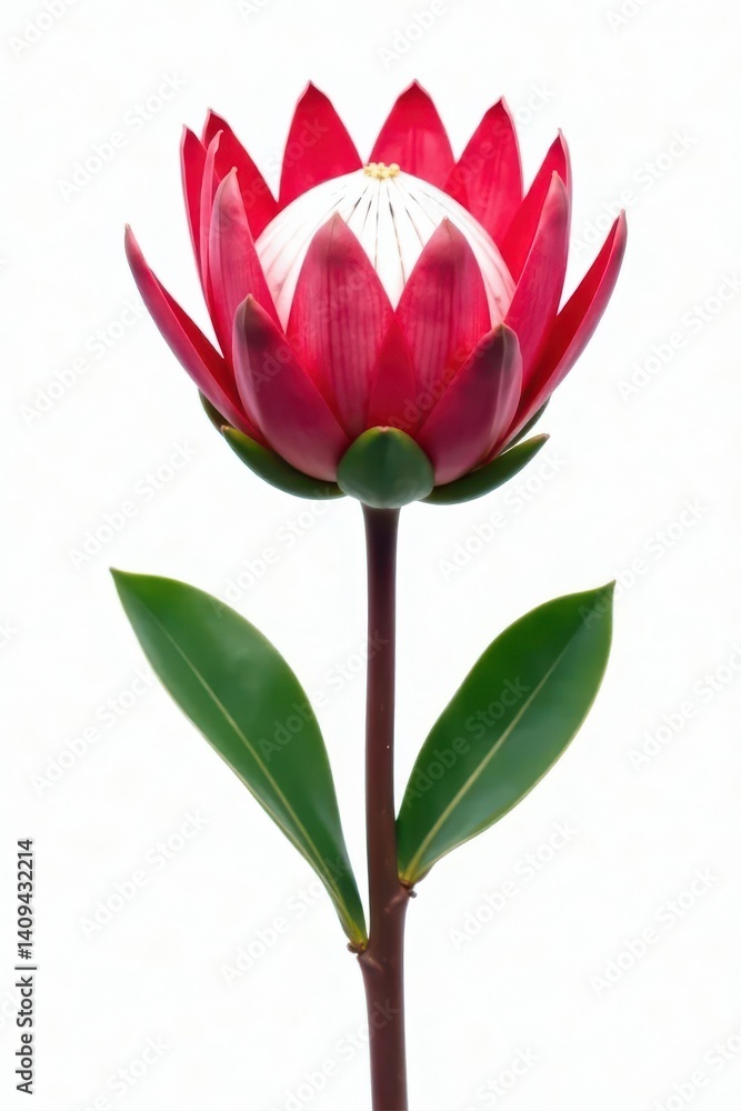 Fototapeta premium Single protea bloom, vibrant colors, white backdrop, vibrant, photography