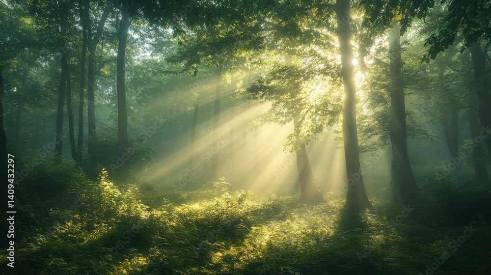 Obraz premium Sunlight filters through lush trees in a serene forest during early morning hours
