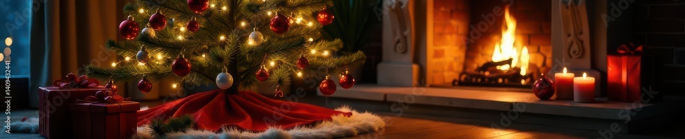 Obraz premium Stylish Christmas tree, golden lights, gifts, fireplace Cozy Christmas Eve scene , comfort, fire