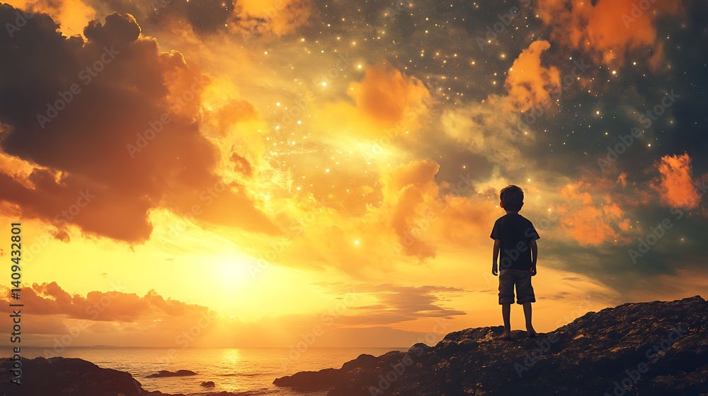 Pixelated Boy Silhouetted Against a Sunset Sky with Golden Clouds and Starry Night Pixelated Boy Silhouetted Against a Sunset Sky with Golden Clouds and Starry Night