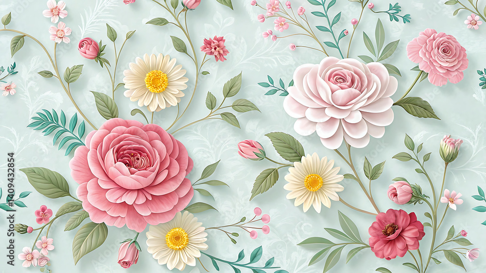 3D Floral Wallpaper with Pink Roses and Daisies for Home Decoration Panaflex Design for Wall HD Background 3D Floral Wallpaper with Pink Roses and Daisies for Home Decoration Panaflex Design for Wall HD Background