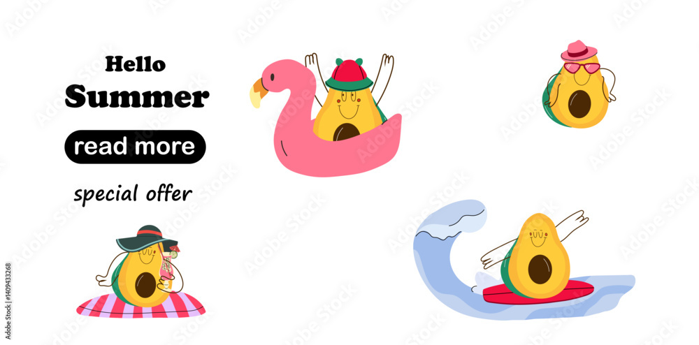 Web page design template. Cartoon avocado characters in fun summer poses Web page design template. Cartoon avocado characters in fun summer poses