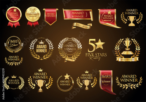 Award Winner emblem and label collection of gold laurel wreath stock illustration 