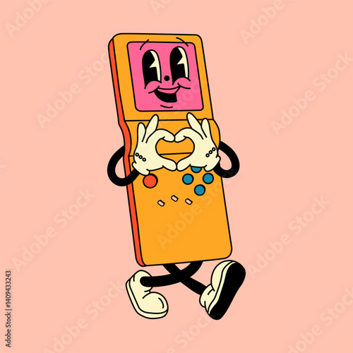 Groovy Retro Yellow Handheld Gaming Console Cartoon Character