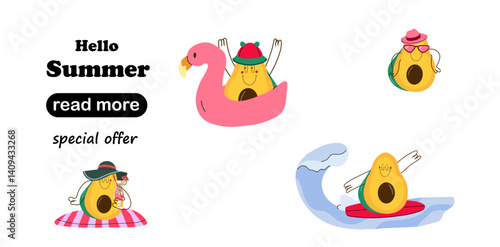 Web page design template. Cartoon avocado characters in fun summer poses