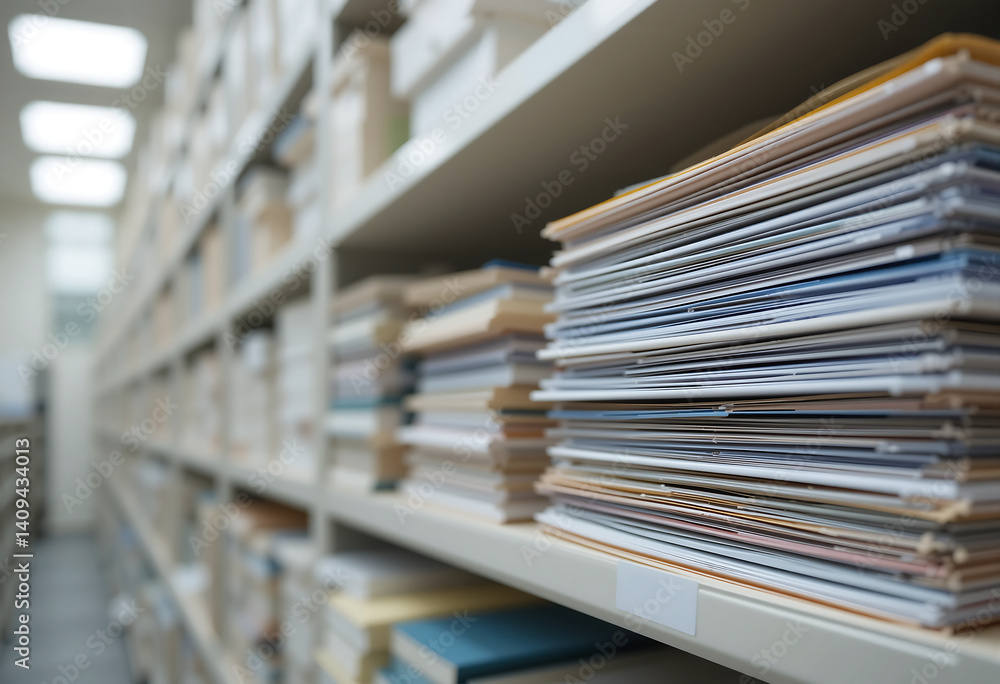 Detailed view of organized paper files in a bright, modern office storage area Detailed view of organized paper files in a bright, modern office storage area