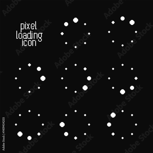 Loading icon set in pixel style. Vector collection of load progress round bars.