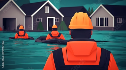 Flood rescue workers in an inundated neighborhood