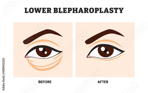 Lower Blepharoplasty Before and After plastic surgery, educational medical poster design healthcare scheme, labeled Cosmetic Eye Surgery for Eyelid Rejuvenation, Wrinkle Removal, vector illustration.