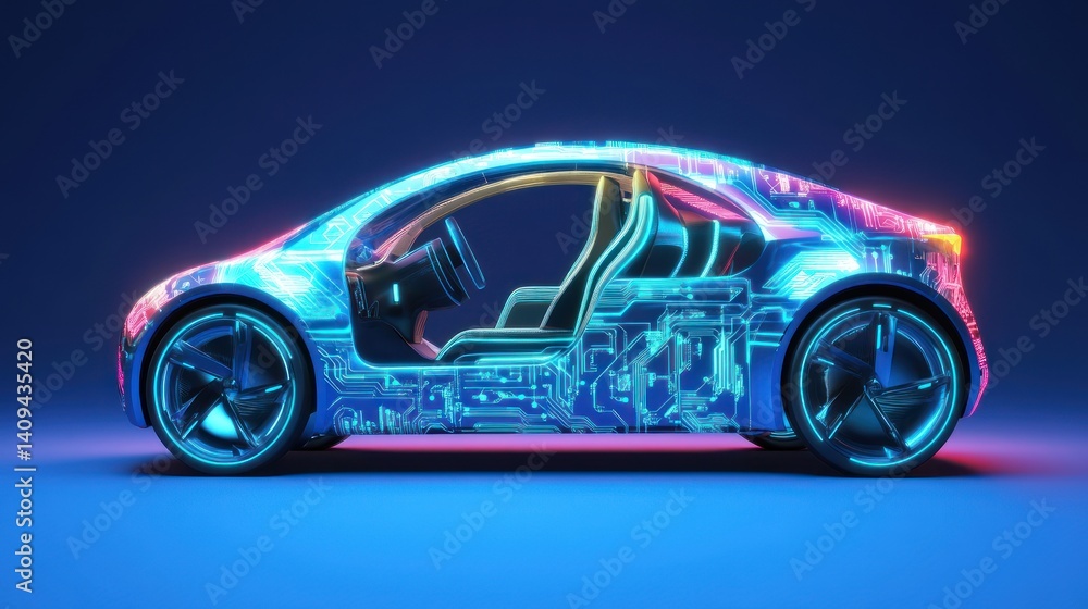 Futuristic electric car concept, side view, neon glow, digital circuits. Futuristic electric car concept, side view, neon glow, digital circuits.