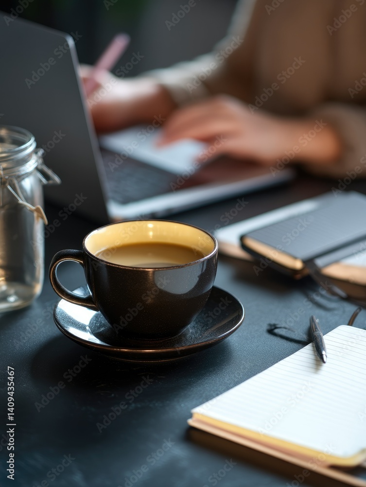 Dark Coffee Cup on Desk: A Cozy Workspace Atmosphere Dark Coffee Cup on Desk: A Cozy Workspace Atmosphere