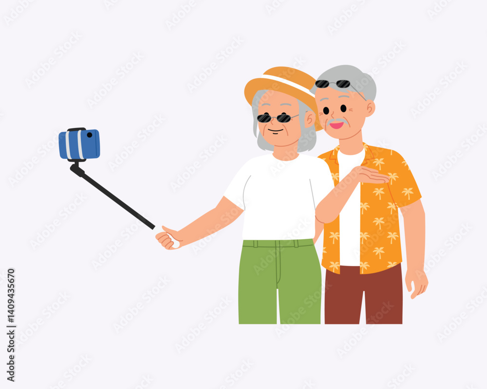 happy senior husband and wife traveling for vacation and taking selfie together, with a smile, retire trip, old married couple enjoy holiday character illustration vector happy senior husband and wife traveling for vacation and taking selfie together, with a smile, retire trip, old married couple enjoy holiday character illustration vector