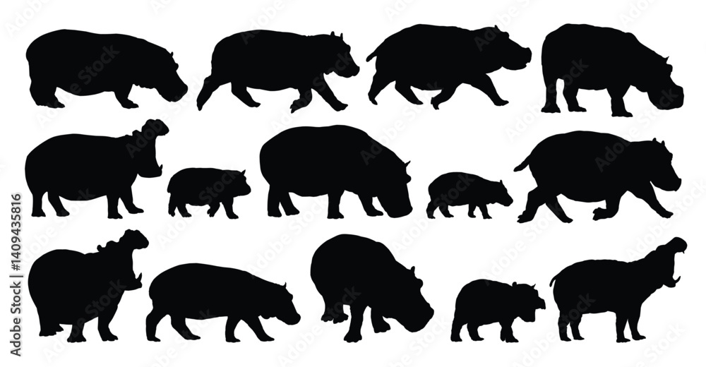 Fototapeta premium The big set silhouette of hippos. 