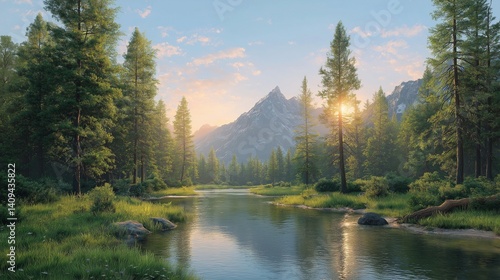 Wallpaper Mural Tranquil Mountain Lake at Sunset with Pine Forest Reflection Torontodigital.ca