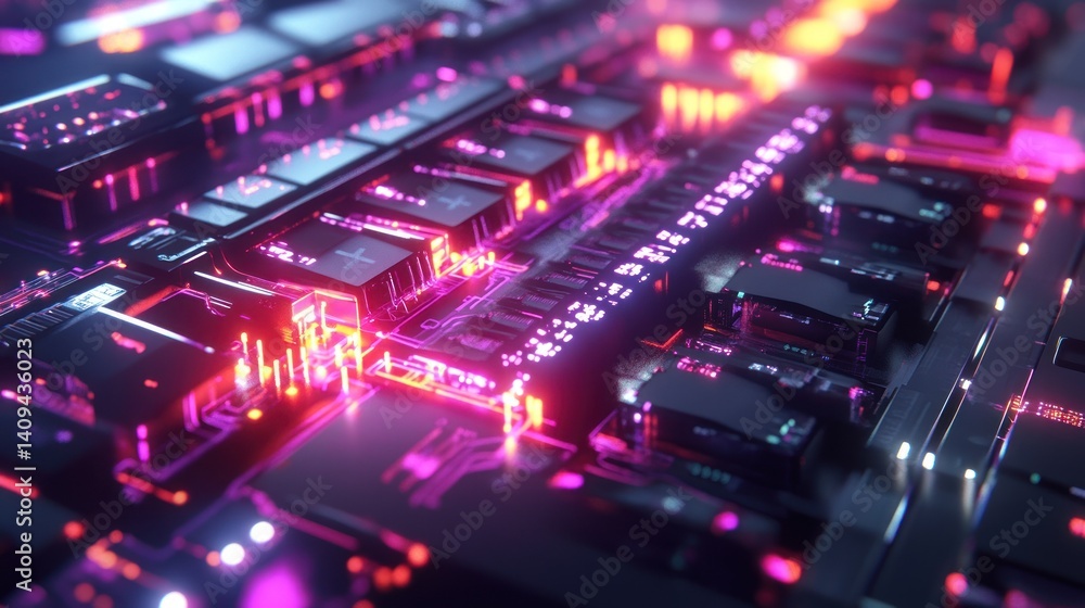 Close-up of glowing circuit board with vibrant pink and orange lights. Close-up of glowing circuit board with vibrant pink and orange lights.