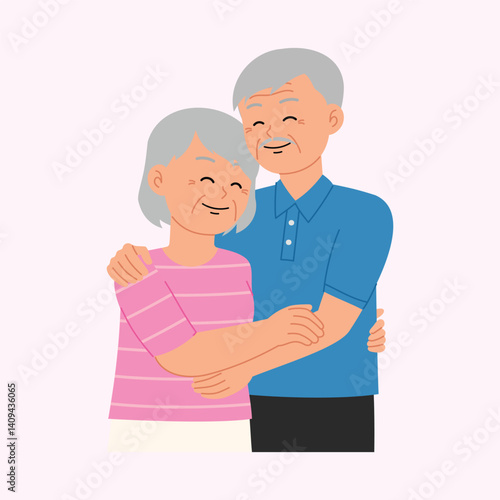 happy senior husband and wife hugging with smile, an old married couple embracing each other with love character illustration