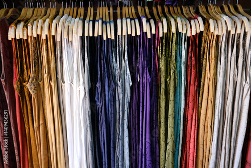 Full frame close-up of a row of Multi-coloured dresses hanging in a wardrobe