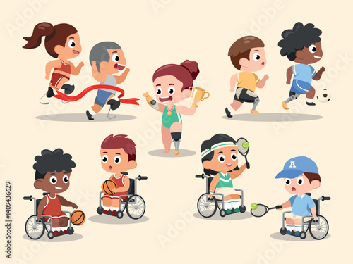 Cute illustration of children with disabilities playing sports, including wheelchair basketball and tennis, running with prosthetic legs, and celebrating a win. Promoting inclusion and diversity.