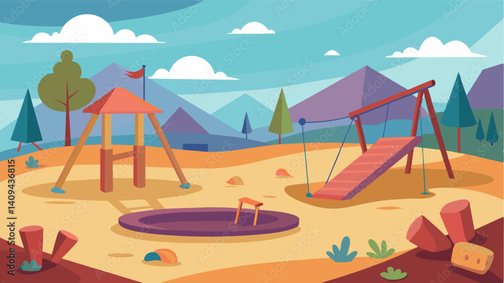 The childrens play area once filled with laughter and games now stands empty and abandoned its swings and slides creaking in the wind.. Vector illustration