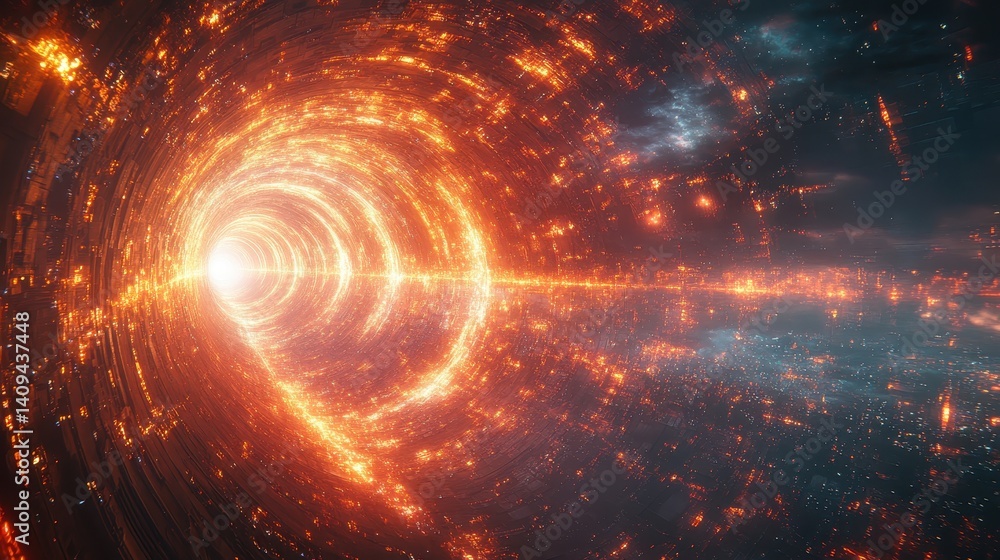 Fototapeta premium Fiery cosmic tunnel, space travel, bright light, nebula background