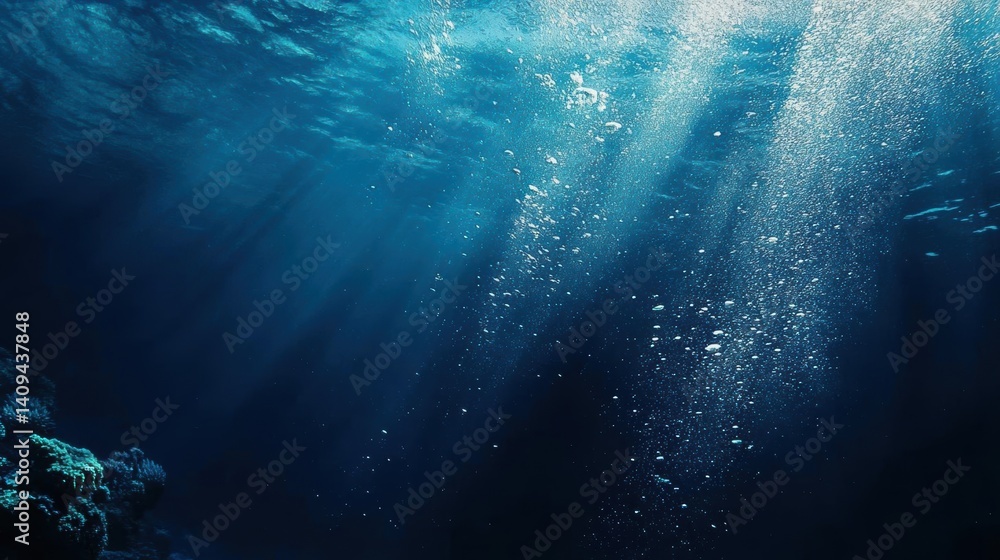 Obraz premium Sunlight Streams Through Deep Blue, Underwater Bubble and Serene Scene