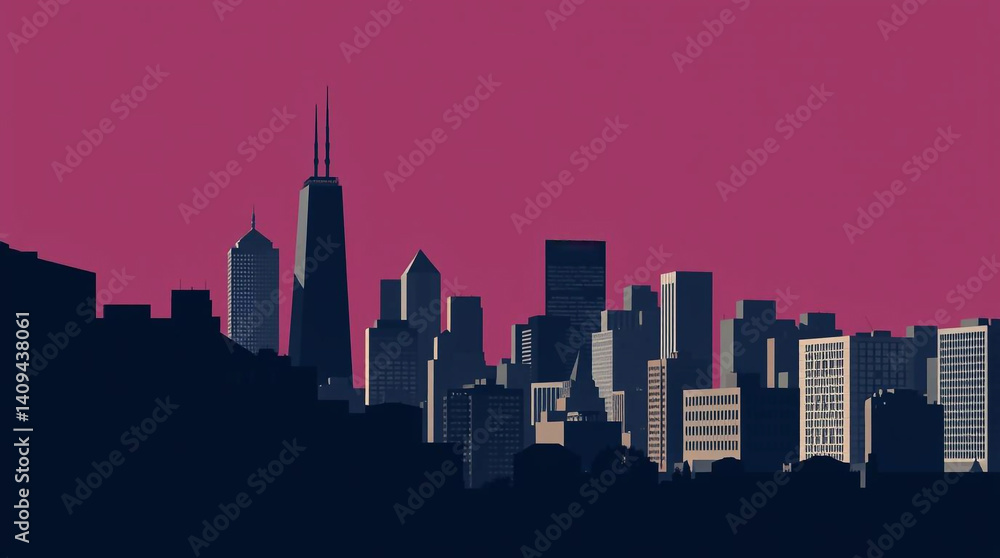 Naklejka premium A modern flat design illustration of a city using simple two-dimensional shapes, deep shadows, and high contrast low-key lighting for a dramatic effect.jpg