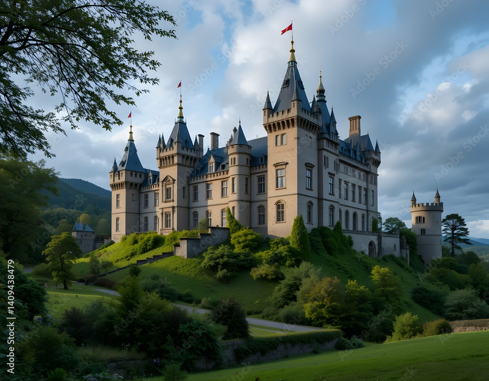 Obraz premium Exploring Grand Castle on Hillside Under Cloudy Sky