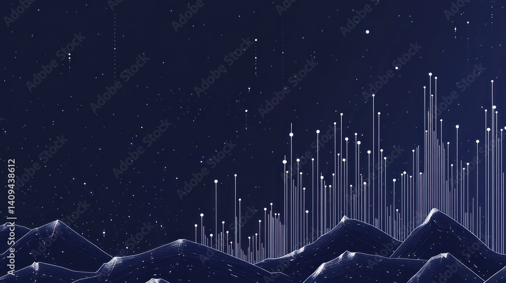Abstract night landscape with digital mountains and data visualization Abstract night landscape with digital mountains and data visualization