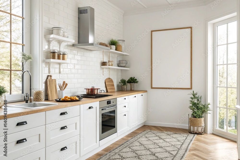 A bright, airy kitchen with a minimalist design, showcasing a light wood countertop and white cabinets, accented by a large blank canvas and natural light streaming through a window. A bright, airy kitchen with a minimalist design, showcasing a light wood countertop and white cabinets, accented by a large blank canvas and natural light streaming through a window.