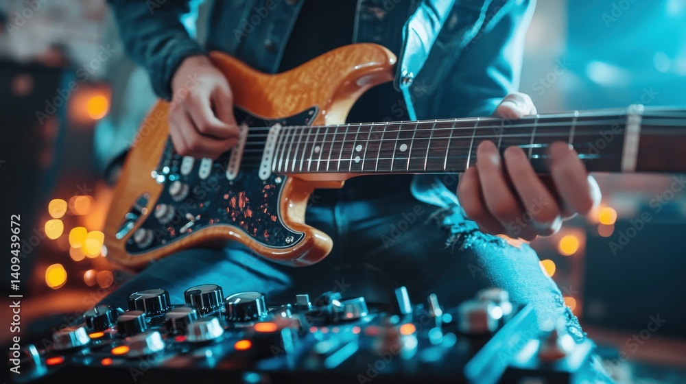 Obraz premium Creative guitarist performing passionately in a dimly lit studio filled with colorful lights