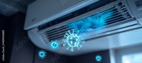 Viruses Escaping From Air Conditioner, Depicting Health Hazards And Airborne Transmission