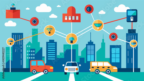 A network of sensors and cameras embedded throughout the city constantly gathering data to inform realtime traffic management decisions.. Vector illustration