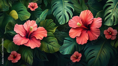 Wallpaper Mural Illustration of hibiscus flowers and monstera leaves. Torontodigital.ca