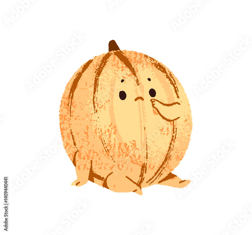Puzzled, pensive melon is pondering and sits. Cute thoughtful cartoon fruit is thinking about thoughts. Funny character is dreaming. Flat isolated drawing vector illustration on white background