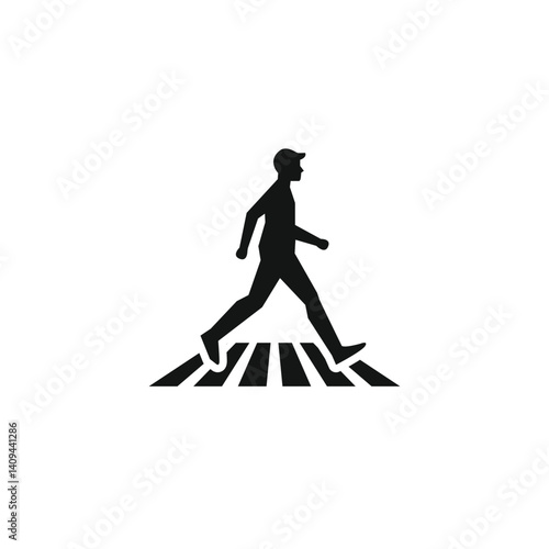 Illustration of a pedestrian crossing a zebra crosswalk, emphasizing urban commuting and safety. The minimalist black-and-white design highlights traffic rules and a daily commute concept.