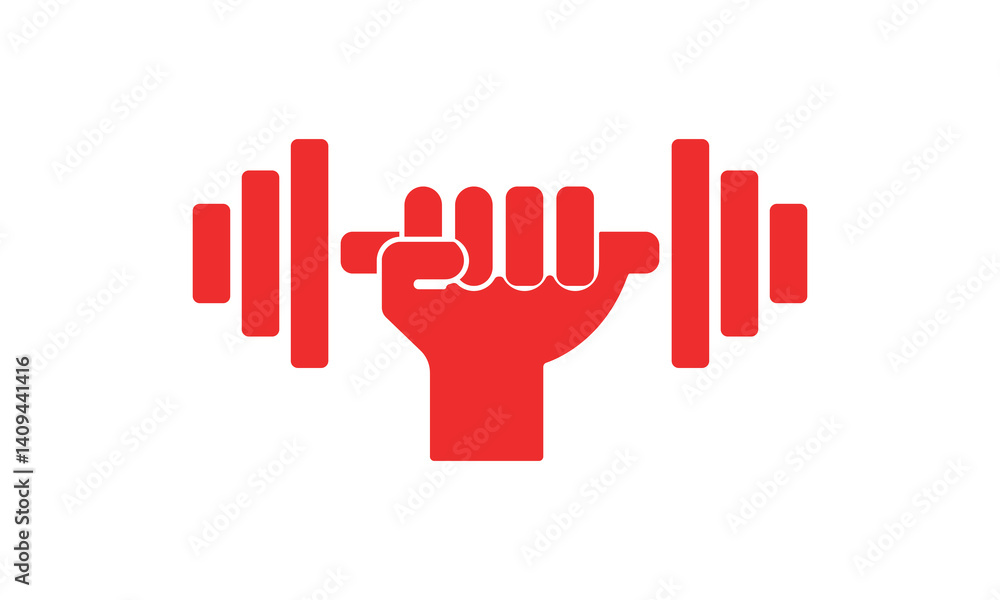 Obraz premium Red Hand Holding Barbell Fitness Icon Vector
