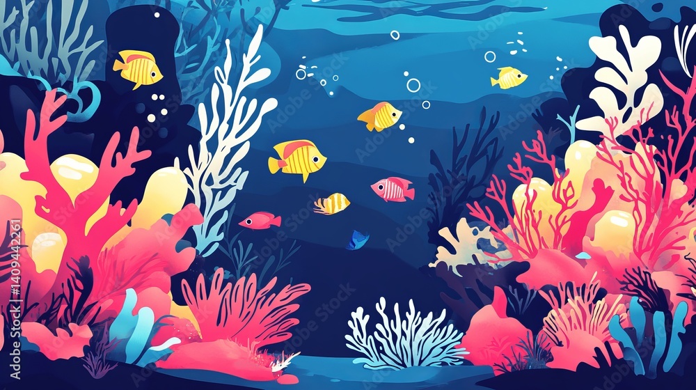 Fototapeta premium Vibrant underwater scene with colorful coral reef and fish sea red art life blue pink ocean plant