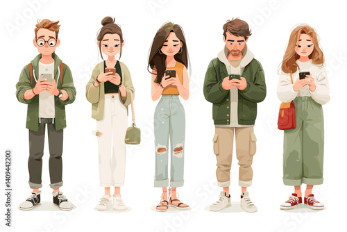 Vector illustration of five young adults standing and looking at their smartphones. Trendy casual outfits, modern style. Concept of digital addiction and social behavior