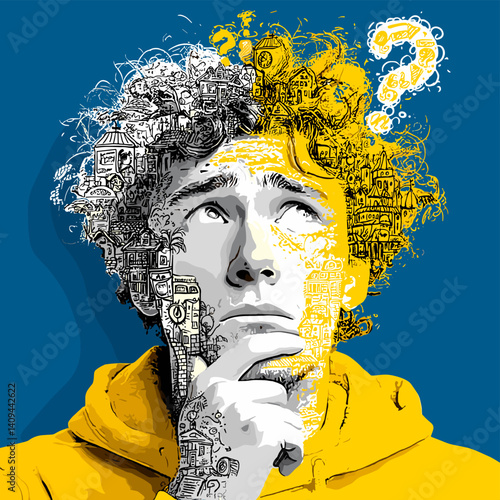 Creative double exposure portrait of a man thinking, with illustrated doodles and a question mark. Colorful conceptual art with blue background and yellow highlights