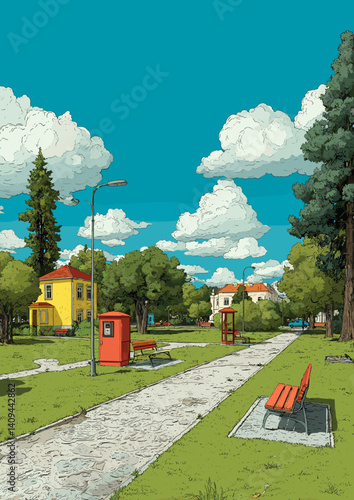 A charming illustration of a park with benches, a path, and colorful houses in the background, under a bright blue sky with fluffy clouds
