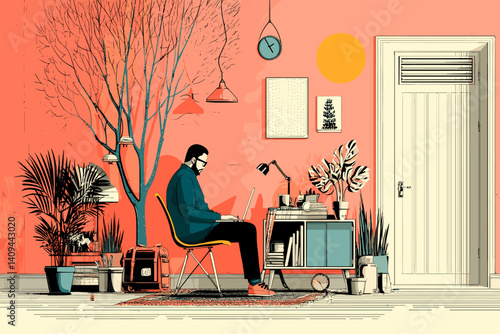 A digital illustration of a man working at a desk in a cozy, minimalist room with a tree, plants, and vibrant orange walls, creating a relaxing home office environment
