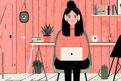 A digital illustration of a woman working on a laptop, wearing headphones in a cozy pink room with plants, books, and a minimalist design