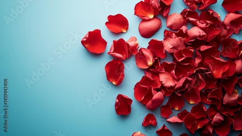 A blue background with red petals scattered across it