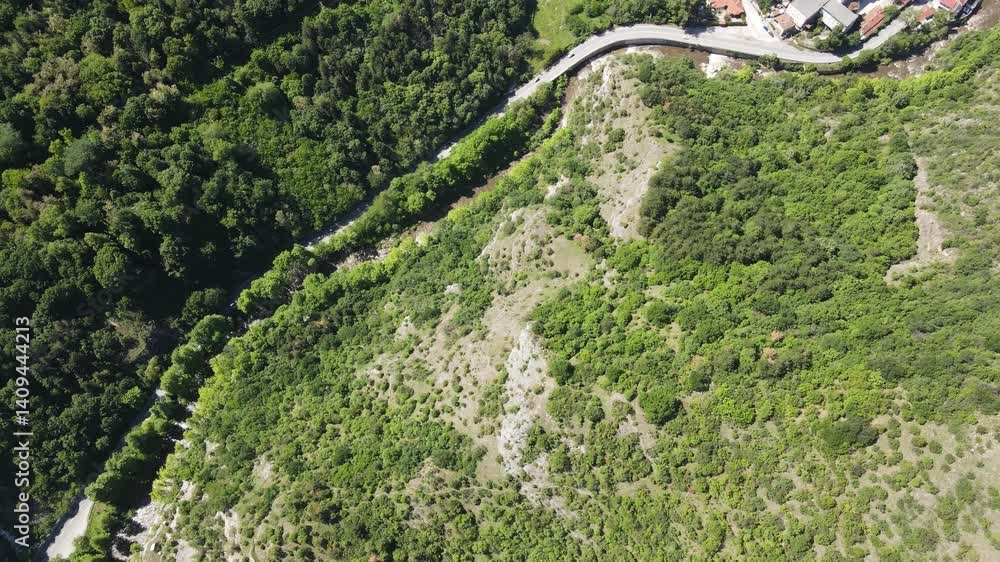 Aerial Spring view of Rhodope Mountains near town of Asenovgrad, Plovdiv Region, Bulgaria Aerial Spring view of Rhodope Mountains near town of Asenovgrad, Plovdiv Region, Bulgaria